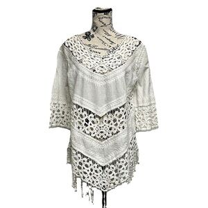 R & F Ivory Crochet Sheer Tunic Blouse Swim Cover Boho Beach Crochet Hippie L